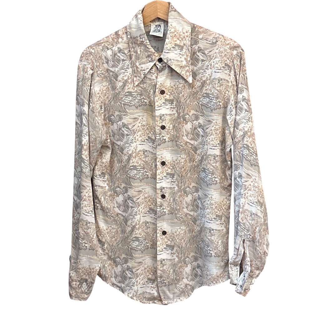70s Kennington LTD Button Down Shirt Retro Landscape Disco Collar Novelty Print
